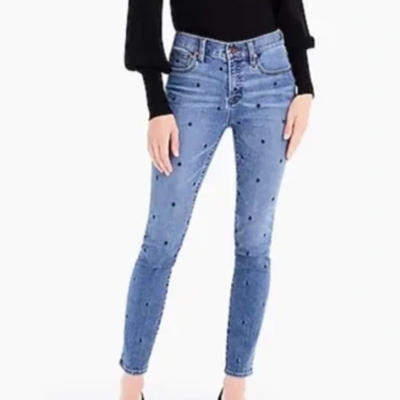 J.Crew Women 26P Indigo Embroidered Polka Dot 9” High-Rise Toothpick Jeans - Picture 1 of 11